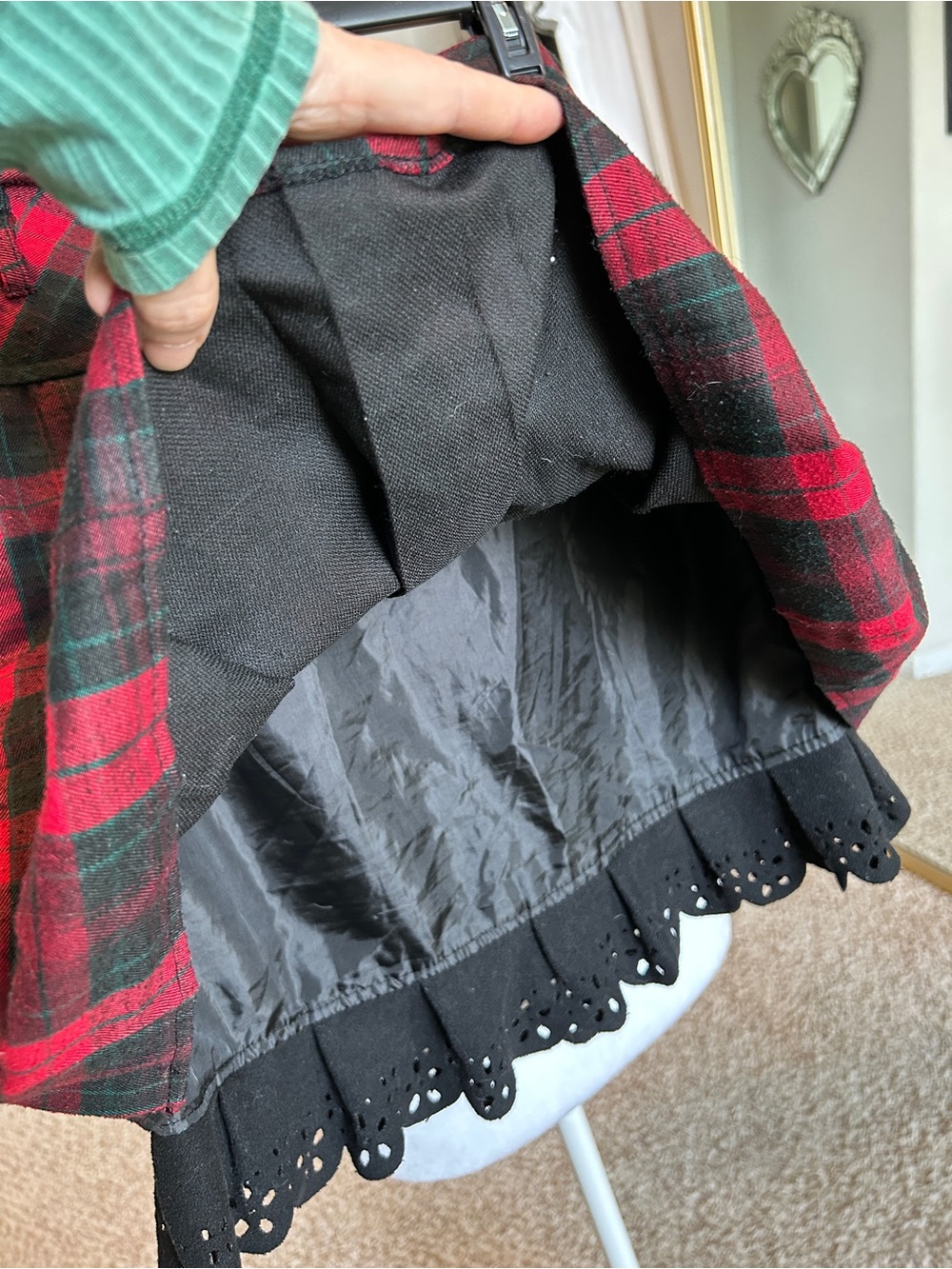 ChouYatou Buffalo Plaid Schoolgirl Mini Skirt w Black Lace Slip Wool | XL - Picture 3 of 8